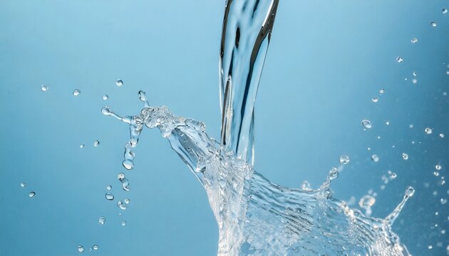 pouring and splashing clear water on light blue background upper close view