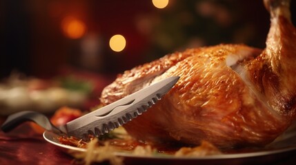 A close-up of a carving knife gliding through a tender turkey, set against a background of soft, warm colors. The lighting highlights the moistness of the meat and the crisp skin