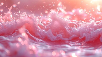 Closeup of pink transparent clear calm water surface texture with splashes and bubbles. Trendy abstract summer nature background. Coral colored waves in sunlight. : Generative AI