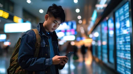 Foto op Aluminium Young asian man in international airport, using mobile smartphone and checking flight at the flight information board, Tourist journey trip concept, generative ai © OP38Studio