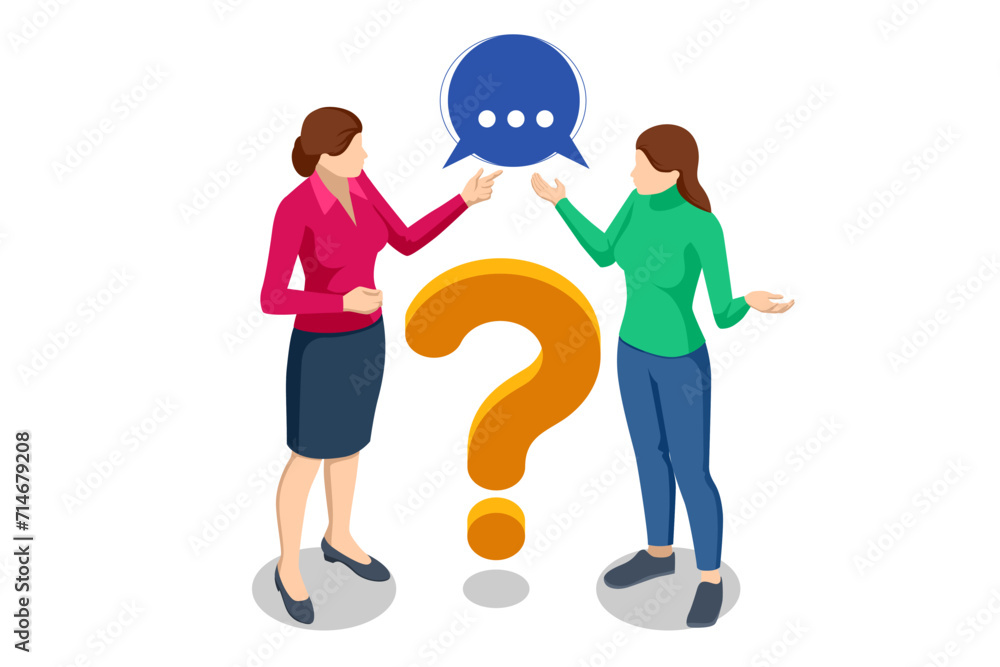 Poster isometric question marks, message box with question, chatbot technology, ai chat bot based on artifi