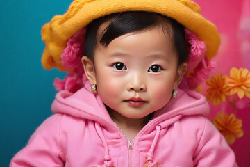 Portrait of cute asian baby girl in pink jacket and hat