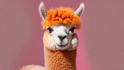 advertising portrait banner funny alpaca with orange hair looks straight on pink background