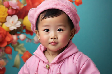 Portrait of cute asian baby girl in pink hat on blue background