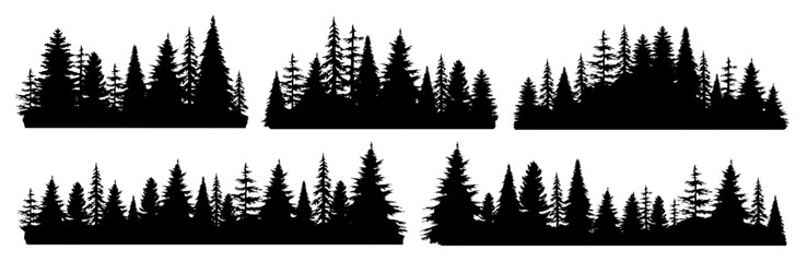 Set of vintage fir tree and coniferous forest silhouette. Mountain forest nature or seamless botanical background. Winter pine or christmas tree garden landscape. Social media decoration clip art icon