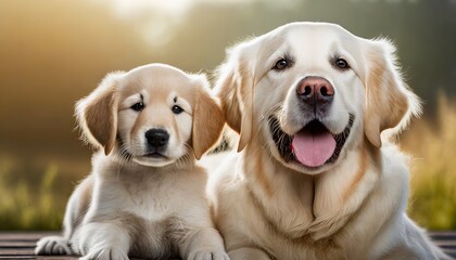 happy golden retriever puppy and adult dog on background - obrazy, fototapety, plakaty