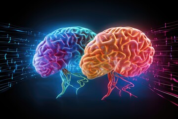 Fototapeta premium Love Neurochemistry colored glowing neon brain amorous emotion. Vasopressin, norepinephrine, cortisol, cuddle hormone adrenaline, adds warmth. Adoration, amour, fondness neurochemical hues love canvas