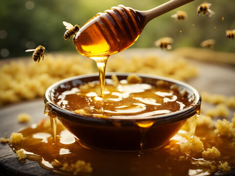 spoon of honey, bees and liquid appetizing honey, flowers in the background, honey farm