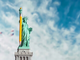 Fototapeta premium Democratic Icons: Statue of Liberty holding Pencil Symbolizing Choice and Democracy. Statue of Liberty and American Flag, an Illustration Symbolizing Independence, Democracy, and Patriotic Pride.