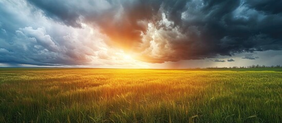 Sunny panorama of grassy field under dark rain clouds.