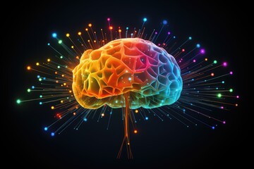 Fototapeta premium Love Neurochemistry colored glowing neon brain amorous emotion. Vasopressin, norepinephrine, cortisol, cuddle hormone adrenaline, adds warmth. Adoration, amour, fondness neurochemical hues love canvas