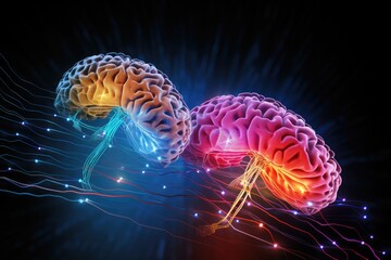 Fototapeta premium Love Neurochemistry colored glowing neon brain amorous emotion. Vasopressin, norepinephrine, cortisol, cuddle hormone adrenaline, adds warmth. Adoration, amour, fondness neurochemical hues love canvas