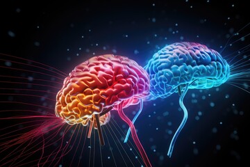 Fototapeta premium Love Neurochemistry colored glowing neon brain amorous emotion. Vasopressin, norepinephrine, cortisol, cuddle hormone adrenaline, adds warmth. Adoration, amour, fondness neurochemical hues love canvas