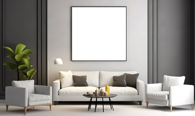 A modern home interior design with an empty white frame attached to the wall and a sofa in front of it. generative AI
