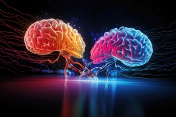 Obraz premium Love Neurochemistry colored glowing neon brain amorous emotion. Vasopressin, norepinephrine, cortisol, cuddle hormone adrenaline, adds warmth. Adoration, amour, fondness neurochemical hues love canvas