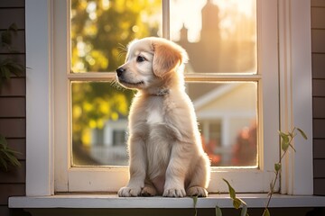 Adorable labrador puppy sitting in a bright room with natural sunlight shining through the window