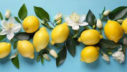 many fresh ripe lemons with green leaves and flowers on light blue background flat lay space for text