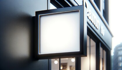 Mockup blank square signboard in front of a shop window
