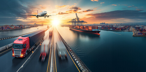 The truck transports goods overland, the ship crosses calm waters, and the plane takes flight into the sky - a harmonious interplay of different means of transport.