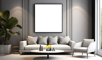 A modern home interior design with an empty white frame attached to the wall and a sofa in front of it. generative AI