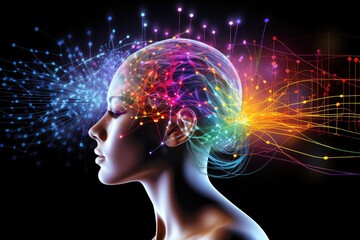 Obraz premium Brain love— dance of neurotransmitters. Amorous Love drug happy chemicals Axon blissful molecules. Dopamine to oxytocin, neurochemical happiness, intimacy, tenderness, endearment, emotional connection