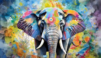 colorful painting of a elephant with creative abstract elements as background - obrazy, fototapety, plakaty