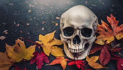 halloween symbol with skull autumn leaves and dark natural background symbolizes magic and mysticism