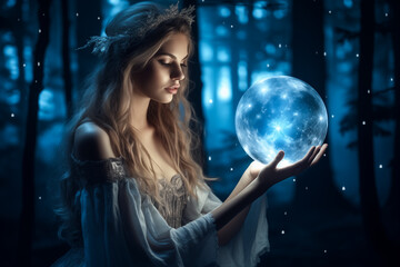 Naklejka premium Beautiful girl on a night with a magic ball. Astrology and Zodiac Concept. Generative Ai.