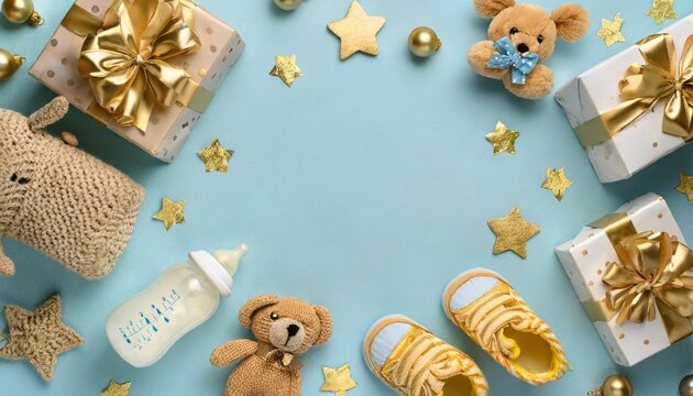 baby concept top view vertical photo of gift boxes shoes socks pacifier teddy bear teether bottle knitted bunny rattle toy gold stars on pastel blue background with copyspace in the middle