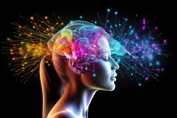 Obraz premium Colored Neural neuroscience love, brain amorous feelings. Chemical symphony dopamine, oxytocin, serotonin, endorphins, affection waves, passion, devotion and Phenylethylamine (PEA) romantic tapestry