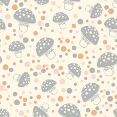 Hand Drawn Grey Line Art Mushrooms and Small Dots - 714682251