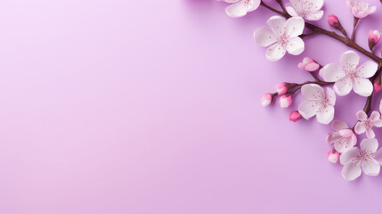 Fototapeta na wymiar Beautiful cherry blossom branch on light purple background with copy space