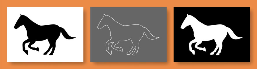 Horse vector illustration set. Horse, picture, outline, silhouette, linear. Isolated collection of contemporary art.