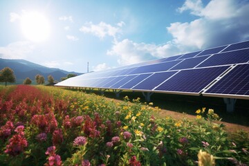 Solar panels amidst a field of flowers symbolize sustainability and eco-friendliness.