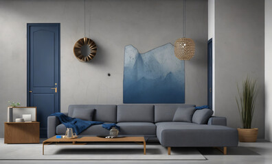 interior design of modern living room with chair, sofa, cushions, coffee table. Generative AI