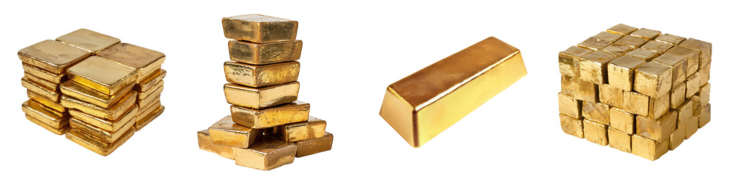 Set of gold bars , piles of gold lingots on transparent background