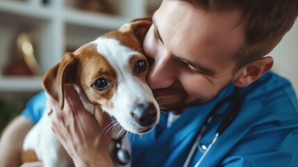 Friendly man vet in blue uniform cuddling, embracing dog, doctor carrying and playing with little dog after treatment, generative ai - obrazy, fototapety, plakaty