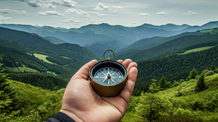 person with compass in the forest, Compass in man's hand in front of summer mountain landscape with green hills and cloudscape , travel adventure and discovery consept 