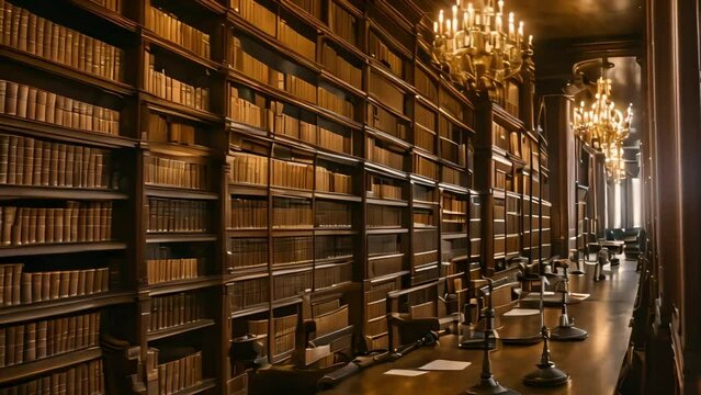 An antique library with tall brown wood racks, with many books shrouded in soft candlelight. Generative AI