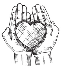 Heart in the palms of a man. Concept of love, charity, philanthropy and donation. Vector hand drawn sketch.