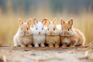 Five small adorable rabbits, baby fluffy rabbits sitting on dry straw,green nature background.bunny pet animal farm concept