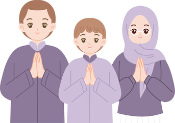 muslim family greeting eid mubarak cartoon illustration