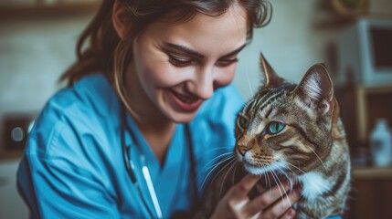 Young happy veterinary nurse smiling while playing with a cat at Veterinary Clinic, generative ai