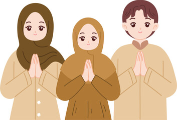 muslim family greeting eid mubarak cartoon illustration