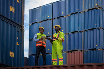 Foreman or worker work at Container cargo site check up goods in container. Foreman or worker checking on shipping containers. Logistics and shipping.