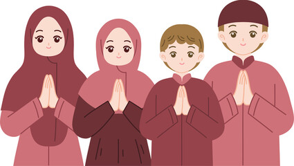 muslim family greeting eid mubarak cartoon illustration