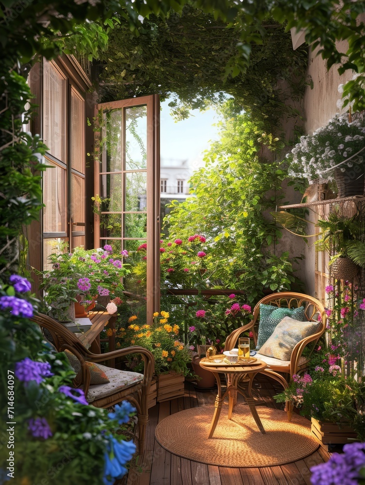 Wall mural Beautiful balcony with comfortable chairs, wooden table and many potted flowers plants. Generative AI