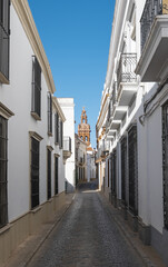 Una calle estrecha y adoquinada con tradicionales casas blancas en la villa de Jerez de los Caballeros, España