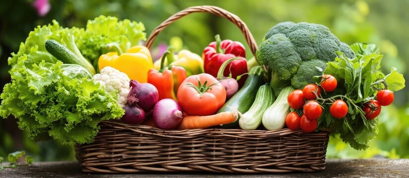 Assorted organic vegetables in wicker garden basket.