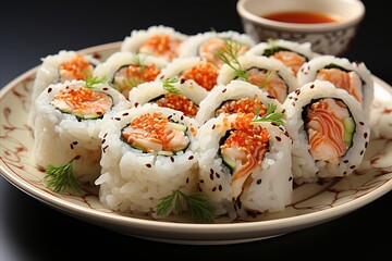 Delicious japanese sushi platter with elegant chopsticks on minimalist white background